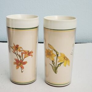 Vintage 1980 Thermo-Serv Floral Insulated Tumblers Set 2 Dart Ind Lily Daffodil